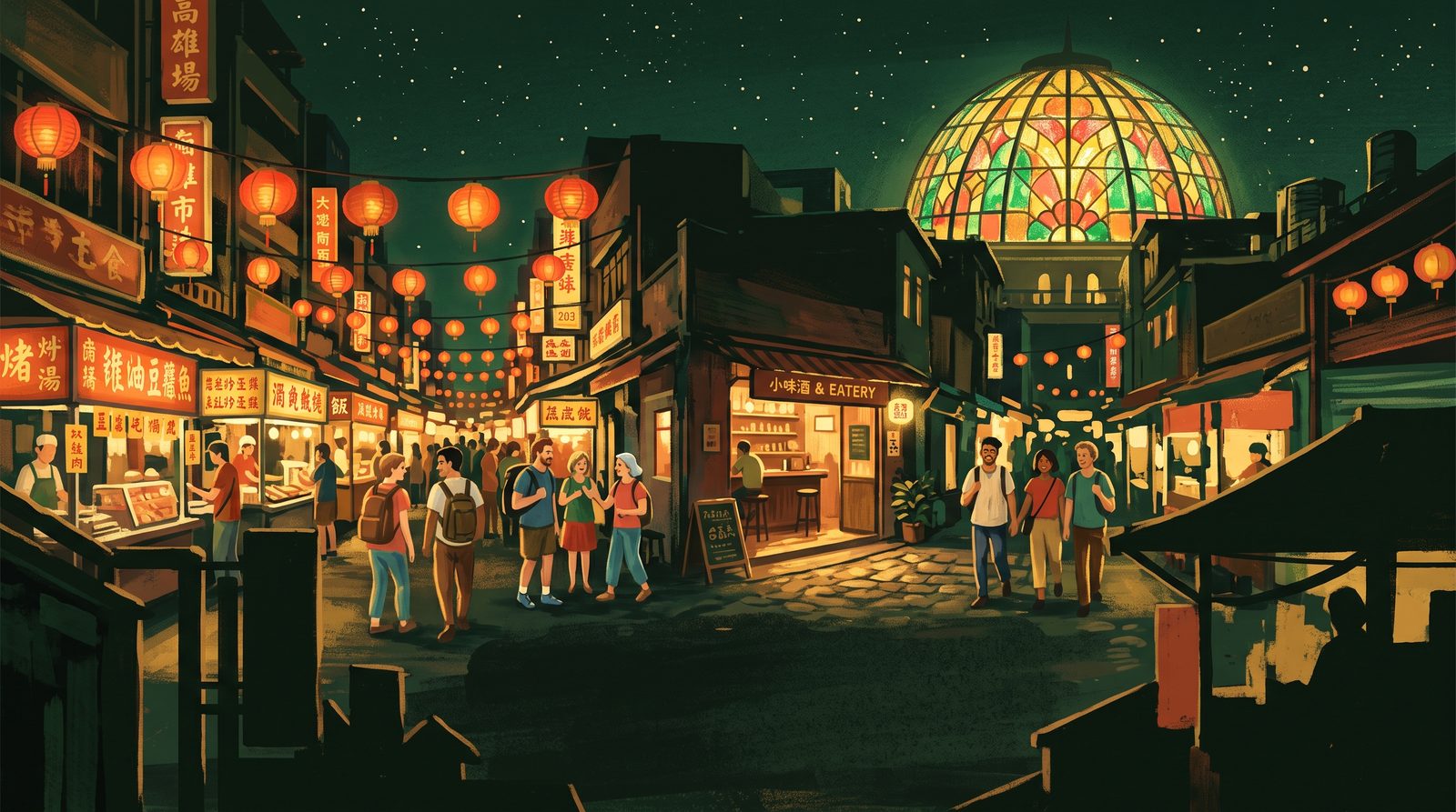 插畫：高雄夜市街景，旅人在攤販與小店之間穿梭